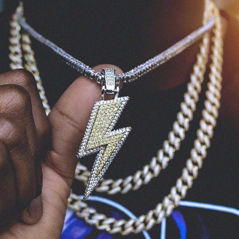 JINAO Hip Hop Lightning Bolt Design Pendant 18k Gold Plated Iced Out Cubic Zirconia Pendant Necklace with Micropave Simulated Diamond for Men Women (Two Colors) - Image 5